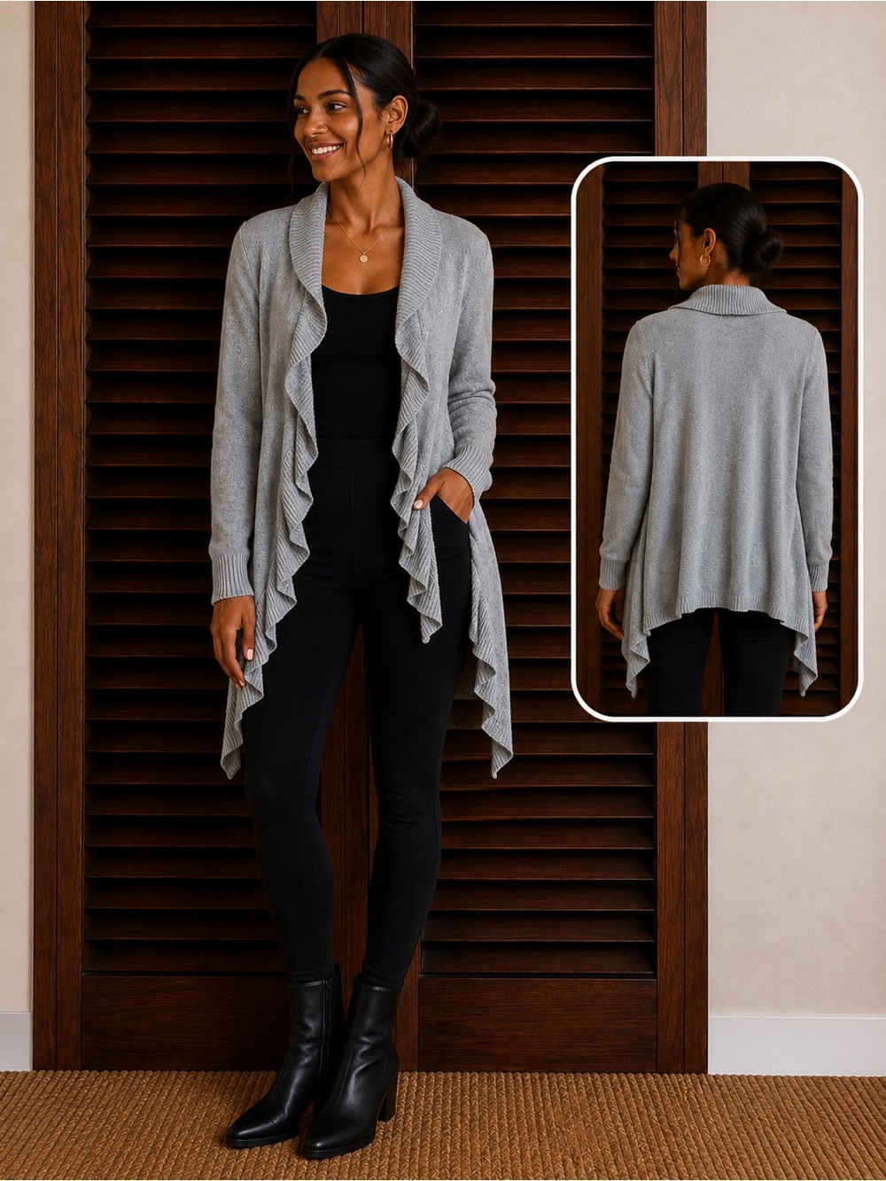 LOFT Women's Gray Ruffle Cardigan Sweater size M - Picture 4 of 4